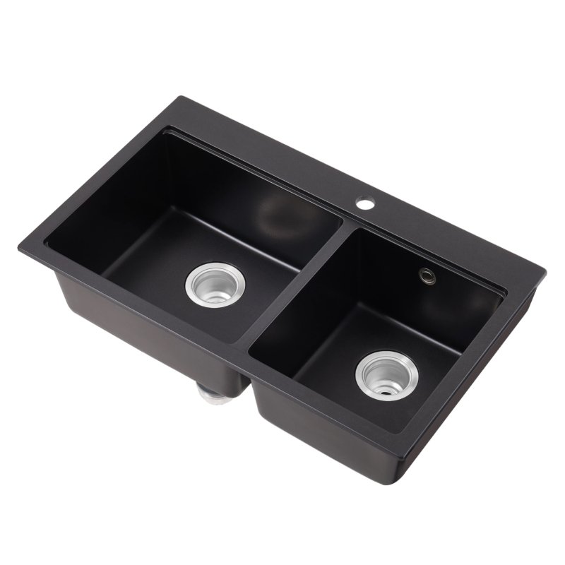 Living and Home Modern Quartz Resin Composite Kitchen Sink with Waste Kit, 80cm W x 48cm D x 21cm H, Black