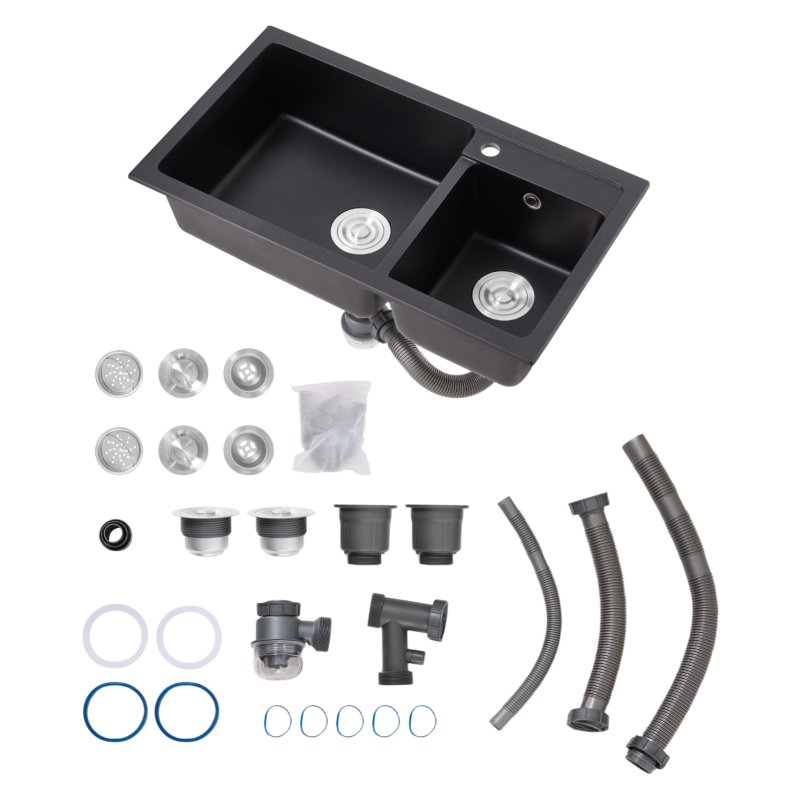 Living and Home Modern Quartz Resin Composite Kitchen Sink with Waste Kit, 82cm W x 46cm D x 22cm H