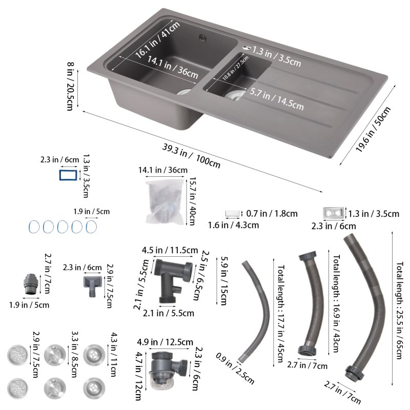 Living and Home Modern Quartz Resin Composite Kitchen Sink with Waste Kit, 100cm W x 50cm D x 20.5cm H, Graphite Grey