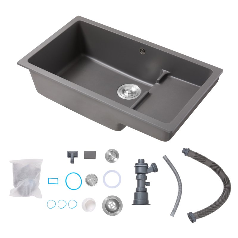 Modern Quartz Resin Composite Kitchen Sink with Waste Kit, 81cm W x 46cm D x 21cm H, Graphite Grey