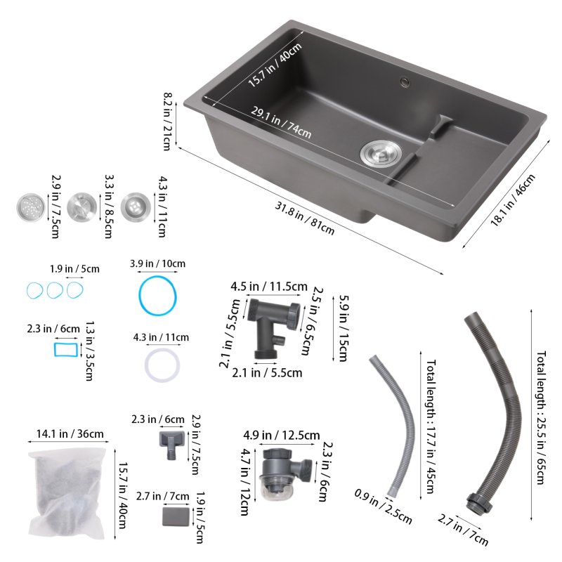 Modern Quartz Resin Composite Kitchen Sink with Waste Kit, 81cm W x 46cm D x 21cm H, Graphite Grey