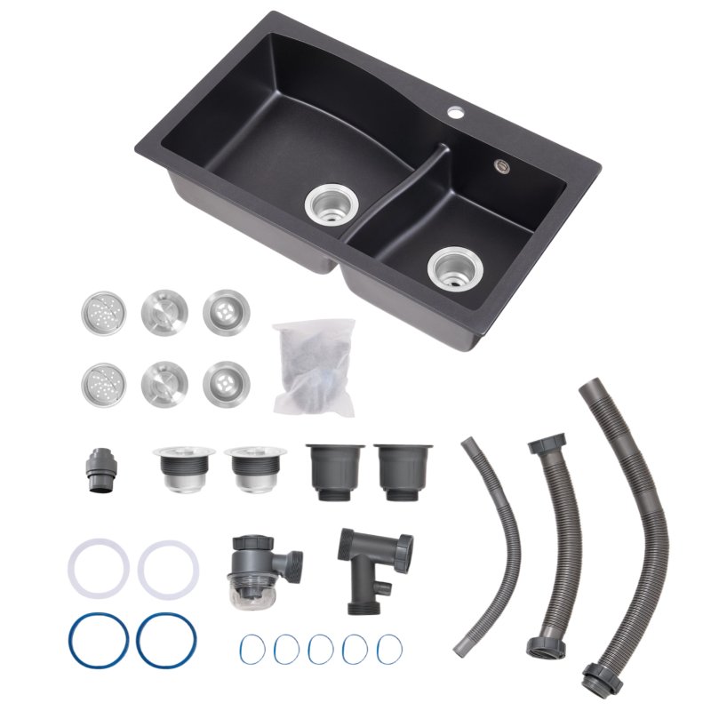 Modern Double Bowl Quartz Resin Composite Kitchen Sink with Waste Kit, 81cm W x 48cm D x 21cm H, Black