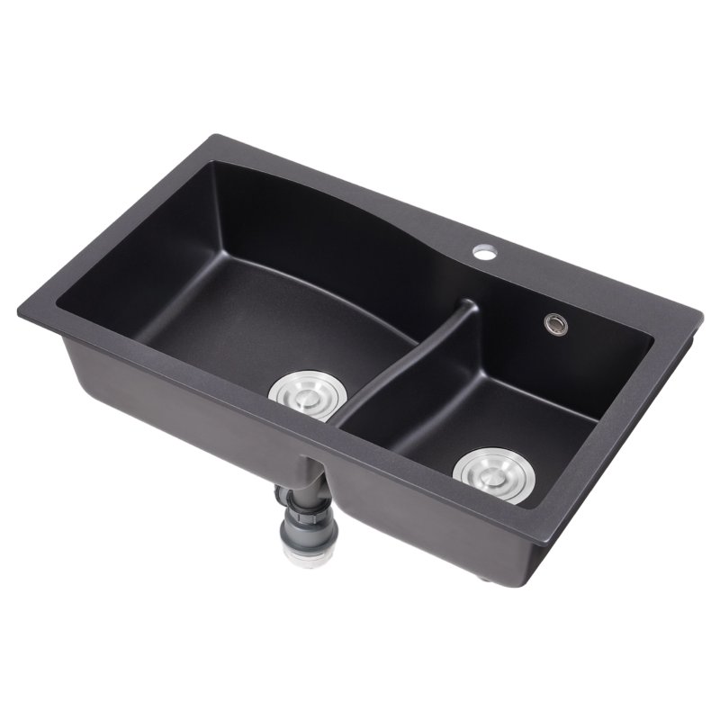 Modern Double Bowl Quartz Resin Composite Kitchen Sink with Waste Kit, 81cm W x 48cm D x 21cm H, Black