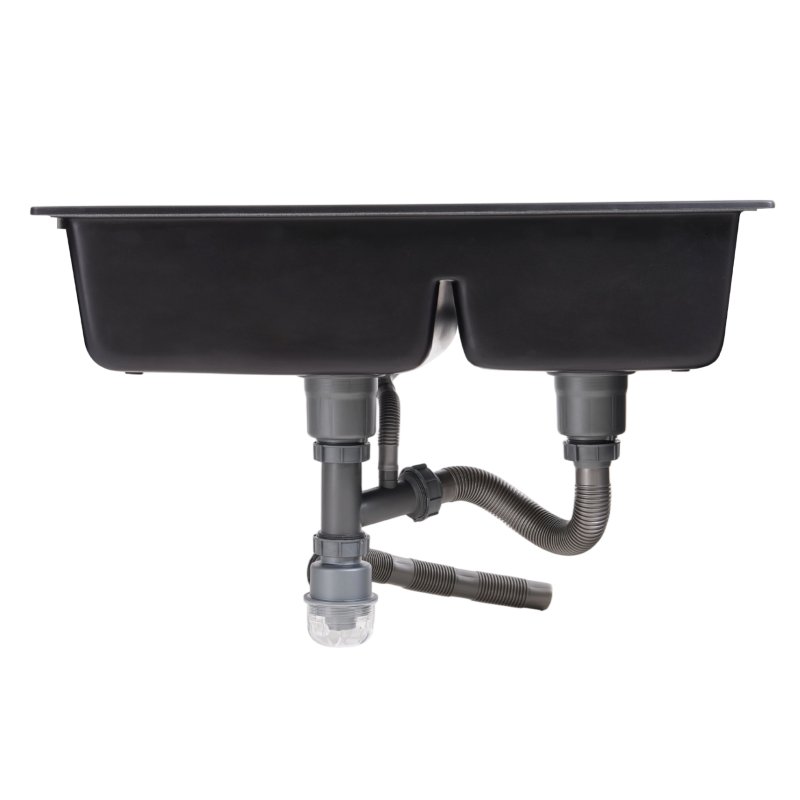 Modern Double Bowl Quartz Resin Composite Kitchen Sink with Waste Kit, 81cm W x 48cm D x 21cm H, Black