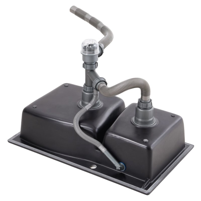 Modern Double Bowl Quartz Resin Composite Kitchen Sink with Waste Kit, 81cm W x 48cm D x 21cm H, Black