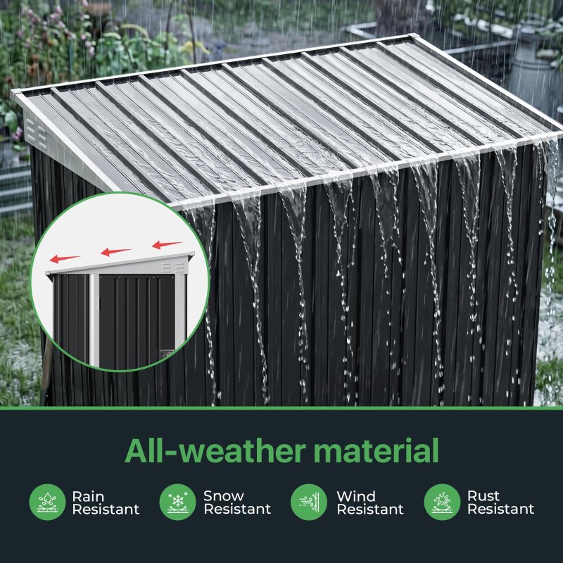 Living and Home 4.27x6.27FT Anthracite Single Door Metal Pent Roof Garden Storage Shed, Weatherproof Outdoor Tool Cabinet Without Base Floor