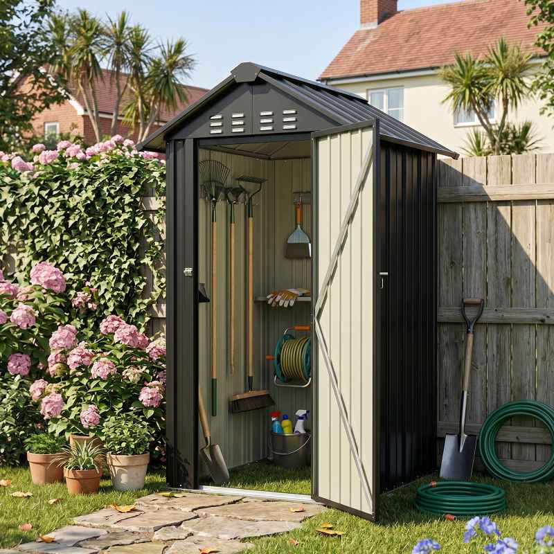 Living and Home 4x4FT Anthracite Black Apex Roof Metal Garden Storage Shed, Lockable Single Door Outdoor Tool Cabinet Without Base Floor