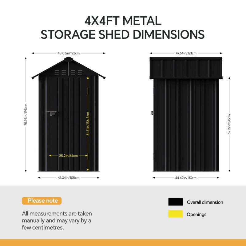 Living and Home 4x4FT Anthracite Black Apex Roof Metal Garden Storage Shed, Lockable Single Door Outdoor Tool Cabinet Without Base Floor