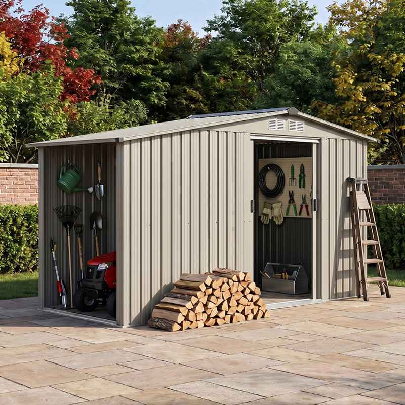 Living and Home 4.29x8.43FT Grey Apex Metal Garden Storage Shed with Side Log Storage Area, Lockable Sliding Double Door Outdoor Tool House Without Base Floor