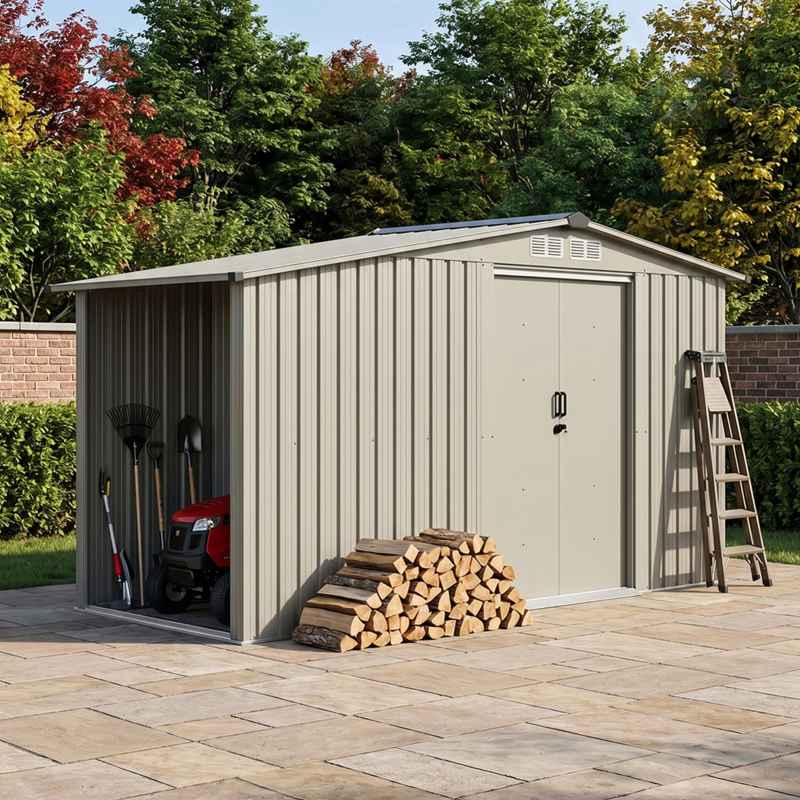 Living and Home 4.29x8.43FT Grey Apex Metal Garden Storage Shed with Side Log Storage Area, Lockable Sliding Double Door Outdoor Tool House Without Base Floor