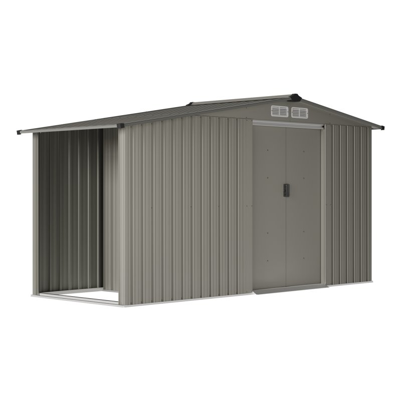 Living and Home 4.29x8.43FT Grey Apex Metal Garden Storage Shed with Side Log Storage Area, Lockable Sliding Double Door Outdoor Tool House Without Base Floor