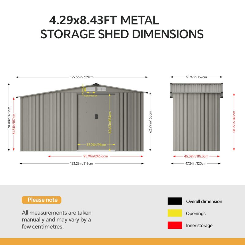 Living and Home 4.29x8.43FT Grey Apex Metal Garden Storage Shed with Side Log Storage Area, Lockable Sliding Double Door Outdoor Tool House Without Base Floor