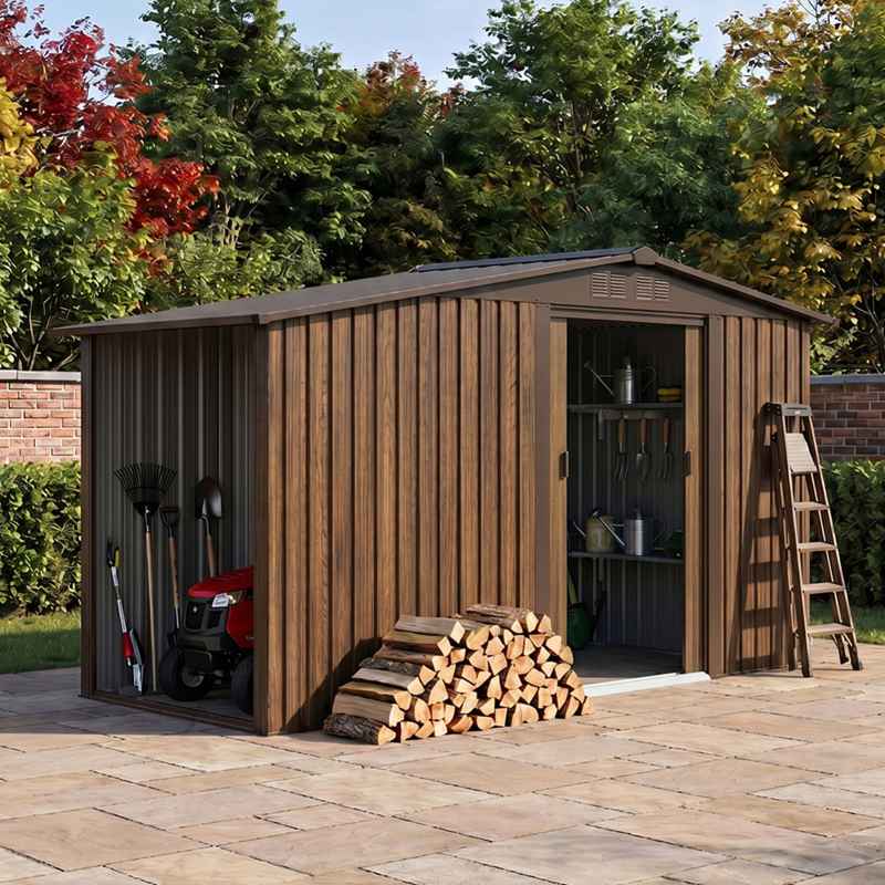 Living and Home 4.29x8.43FT 3D Brown Wood Grain Apex Metal Garden Storage Shed with Side Firewood Storage, Lockable Sliding Double Door Outdoor Tool House Without Base Floor