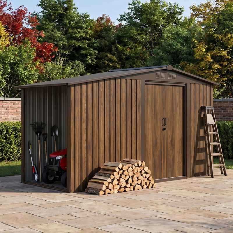Living and Home 4.29x8.43FT 3D Brown Wood Grain Apex Metal Garden Storage Shed with Side Firewood Storage, Lockable Sliding Double Door Outdoor Tool House Without Base Floor
