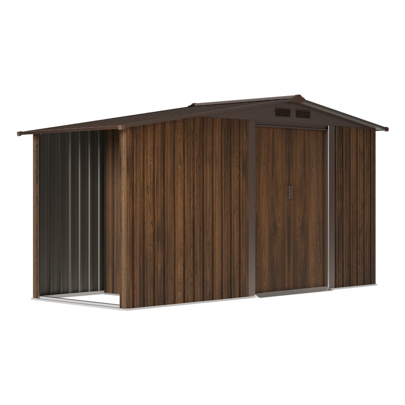 Living and Home 4.29x8.43FT 3D Brown Wood Grain Apex Metal Garden Storage Shed with Side Firewood Storage, Lockable Sliding Double Door Outdoor Tool House Without Base Floor
