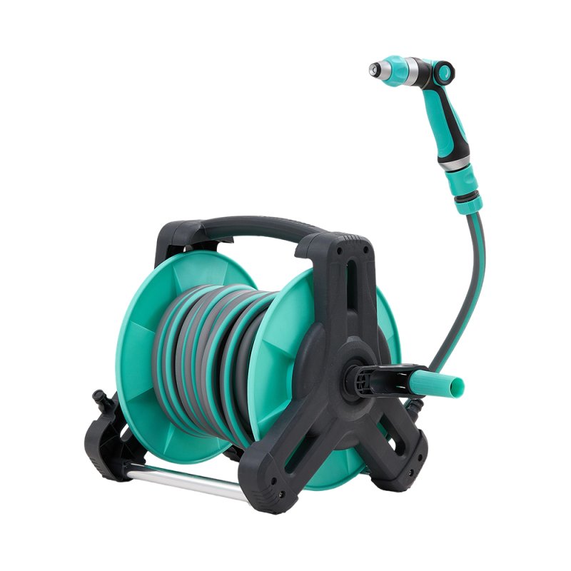 Living and Home Portable Green Garden Hose Reel Set with 10/15/20/25m Water Hose, Multi-Function High Pressure Spray Gun & Wall Mount Accessories