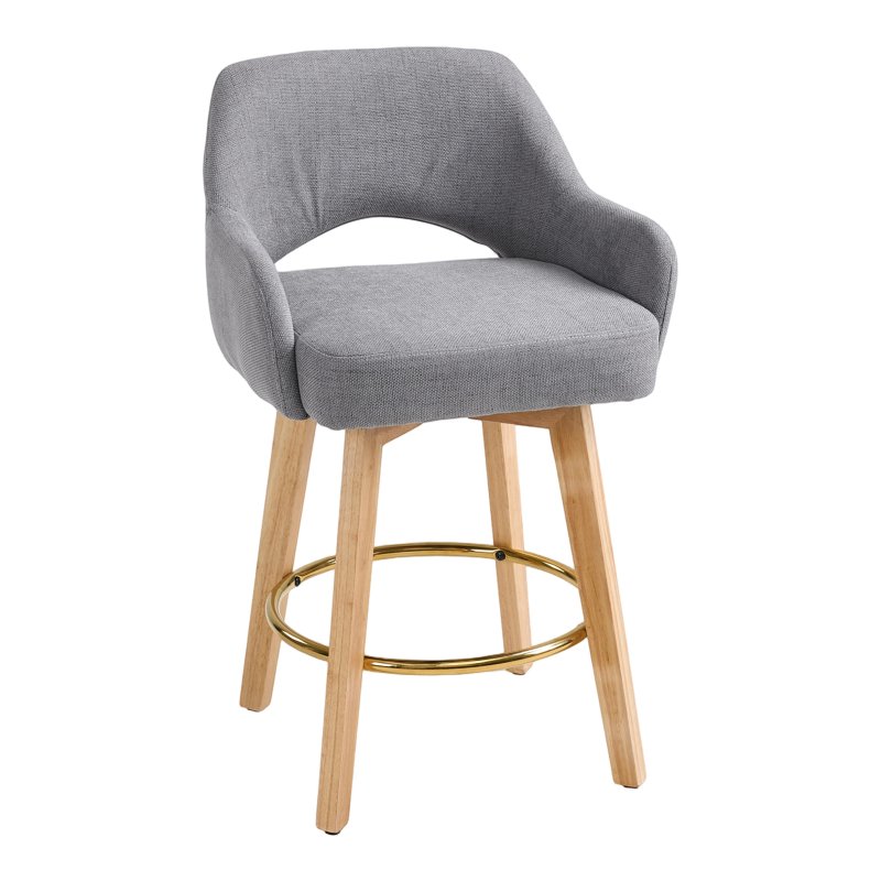 Living and Home Set of 2 Grey Chenille 360° Swivel Bar Stools, Cutout Arm Counter Stools with Natural Wood Legs & Gold Metal Footrest Ring