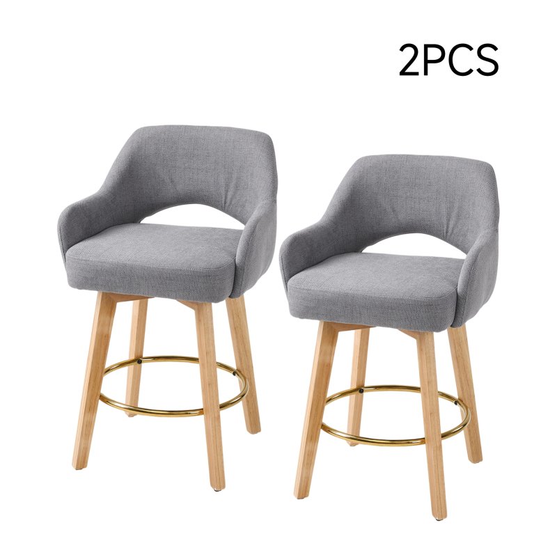 Living and Home Set of 2 Grey Chenille 360° Swivel Bar Stools, Cutout Arm Counter Stools with Natural Wood Legs & Gold Metal Footrest Ring