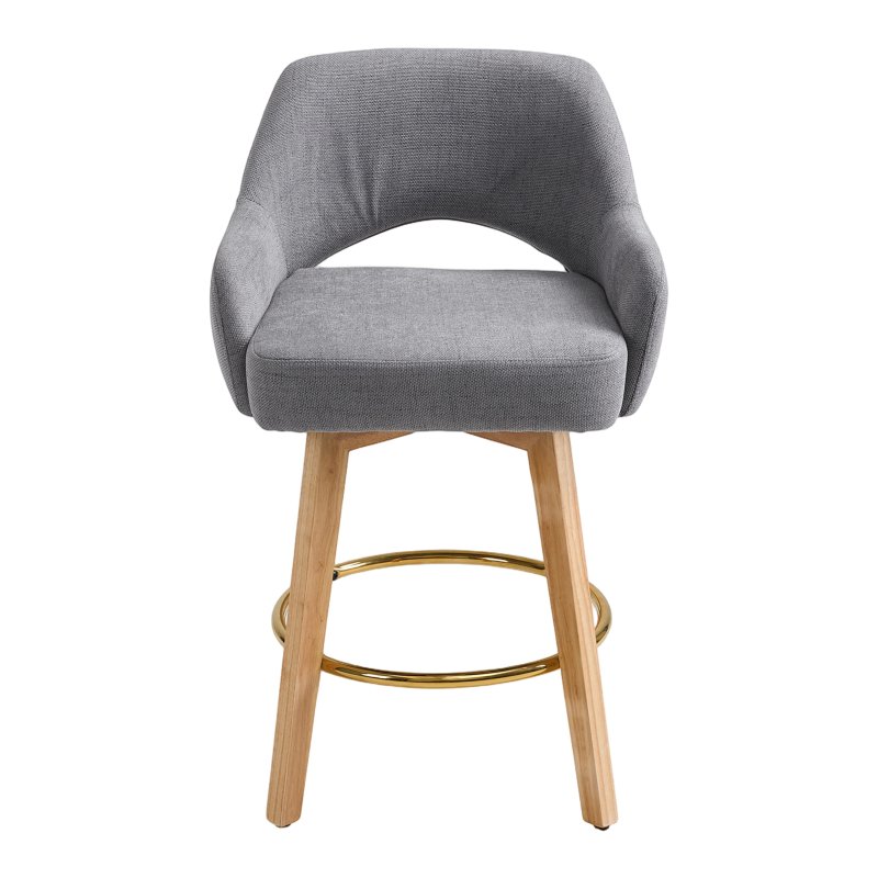Living and Home Set of 2 Grey Chenille 360° Swivel Bar Stools, Cutout Arm Counter Stools with Natural Wood Legs & Gold Metal Footrest Ring