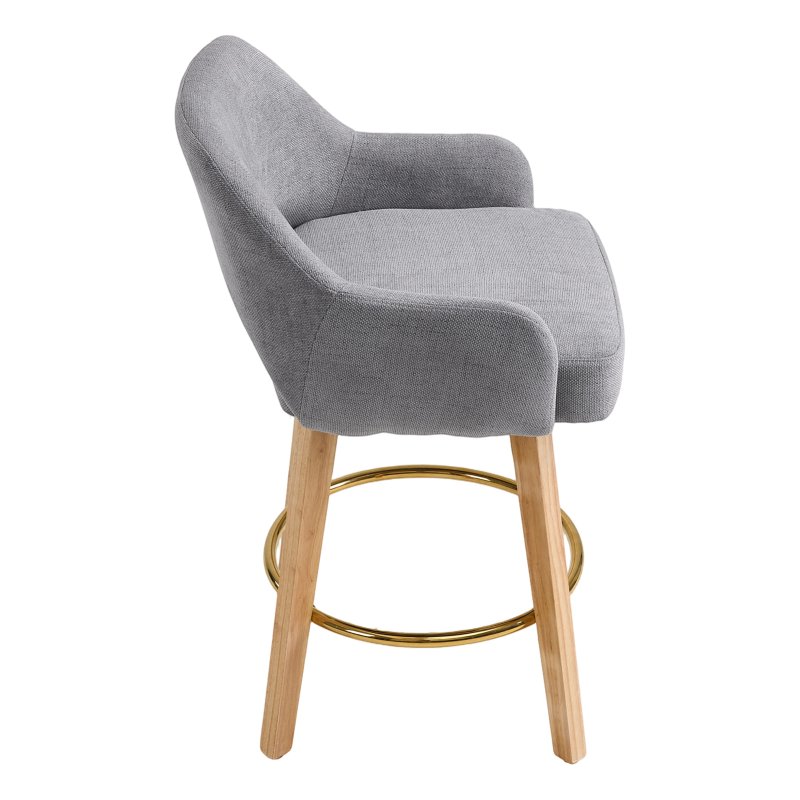 Living and Home Set of 2 Grey Chenille 360° Swivel Bar Stools, Cutout Arm Counter Stools with Natural Wood Legs & Gold Metal Footrest Ring