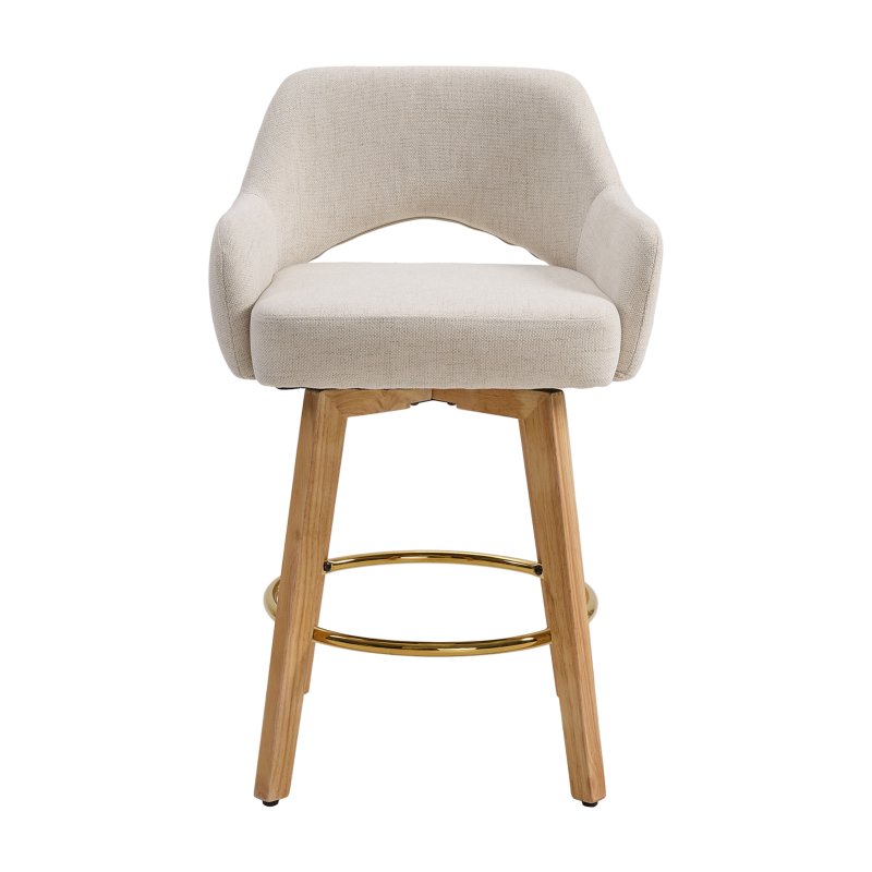 Living and Home Set of 2 Beige Chenille 360° Swivel Bar Stools, Cutout Arm Counter Stools with Natural Wood Legs & Gold Metal Footrest Ring