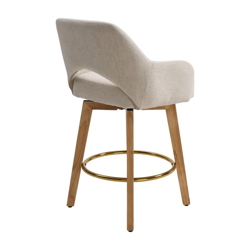 Living and Home Set of 2 Beige Chenille 360° Swivel Bar Stools, Cutout Arm Counter Stools with Natural Wood Legs & Gold Metal Footrest Ring