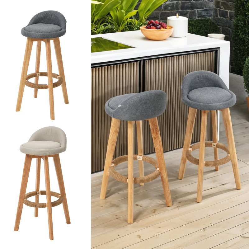 Living and Home Set of 2 Grey Linen Upholstered Bar Stools, Curved Back Counter Stools with Natural Rubber Wood Legs & Rope Wrapped Footrest Ring