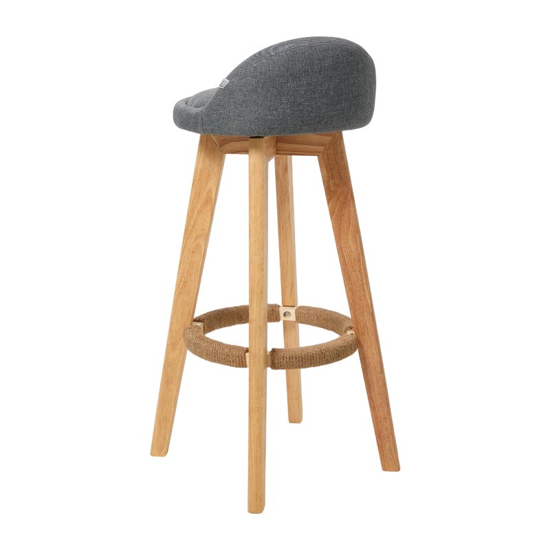 Living and Home Set of 2 Grey Linen Upholstered Bar Stools, Curved Back Counter Stools with Natural Rubber Wood Legs & Rope Wrapped Footrest Ring