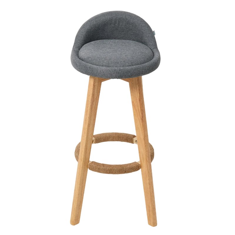 Living and Home Set of 2 Grey Linen Upholstered Bar Stools, Curved Back Counter Stools with Natural Rubber Wood Legs & Rope Wrapped Footrest Ring