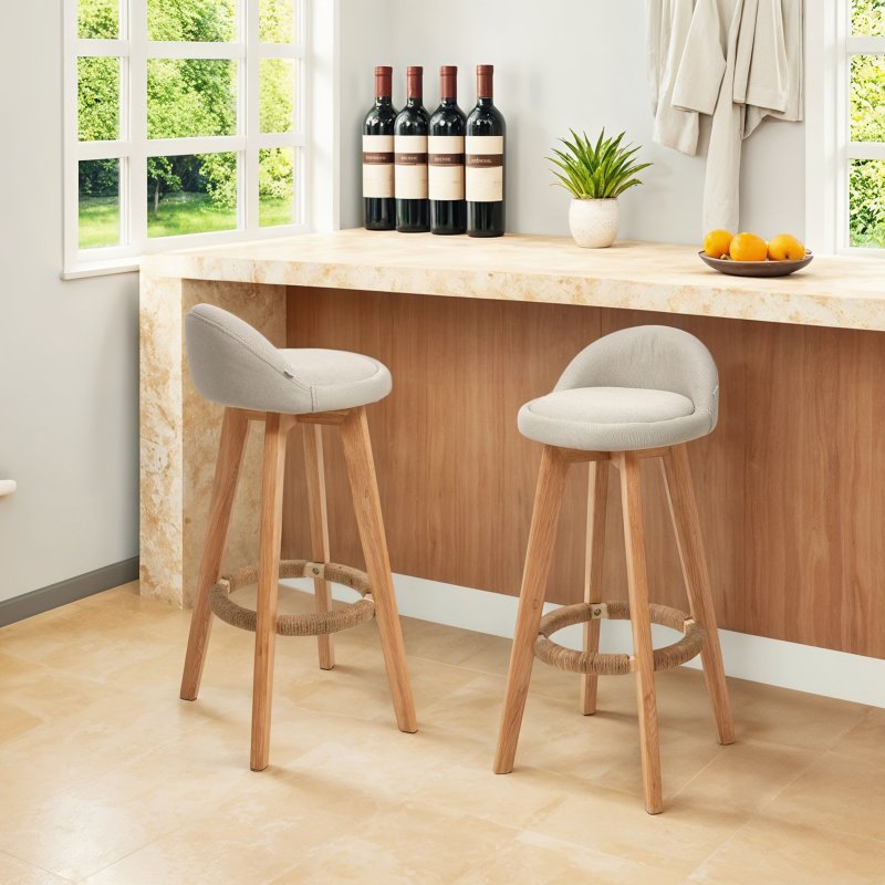 Living and Home Set of 2 Beige Linen Upholstered Bar Stools, Curved Back Counter Stools with Natural Rubber Wood Legs & Rope Wrapped Footrest Ring