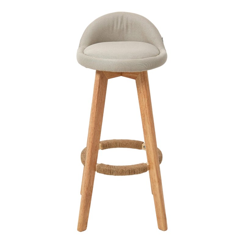 Living and Home Set of 2 Beige Linen Upholstered Bar Stools, Curved Back Counter Stools with Natural Rubber Wood Legs & Rope Wrapped Footrest Ring