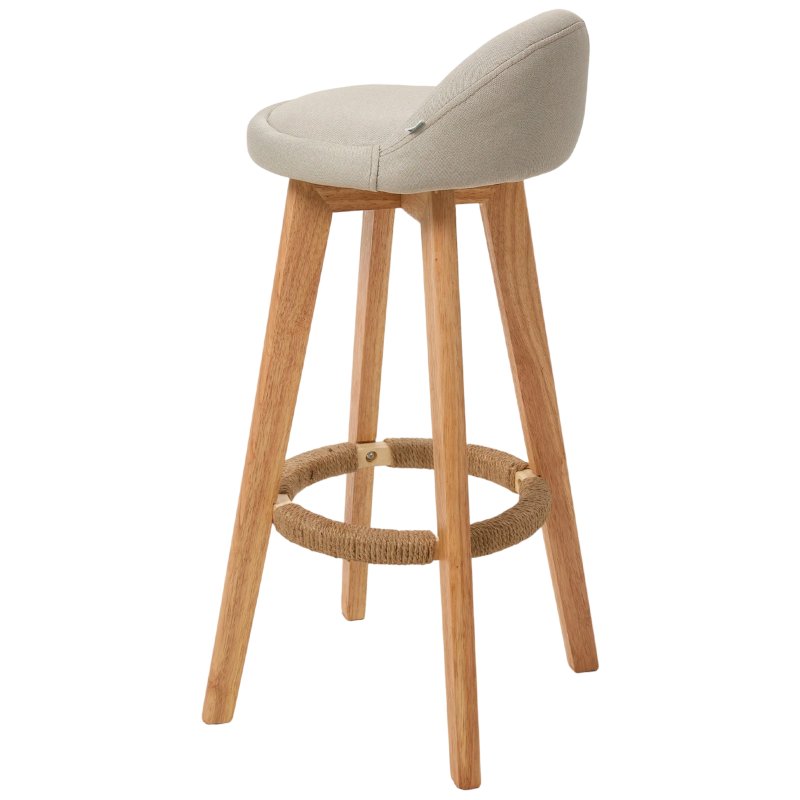 Living and Home Set of 2 Beige Linen Upholstered Bar Stools, Curved Back Counter Stools with Natural Rubber Wood Legs & Rope Wrapped Footrest Ring