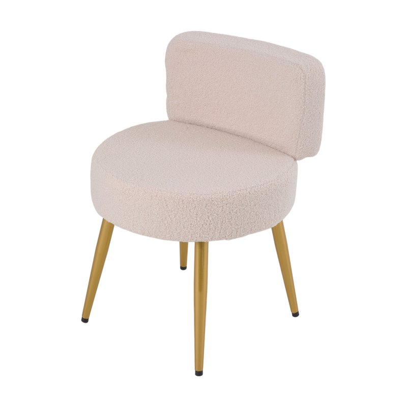 Living and Home Oatmeal Teddy Fleece Round Vanity Stool, Upholstered Dressing Table Chair with Gold Metal Adjustable Legs & Small Backrest