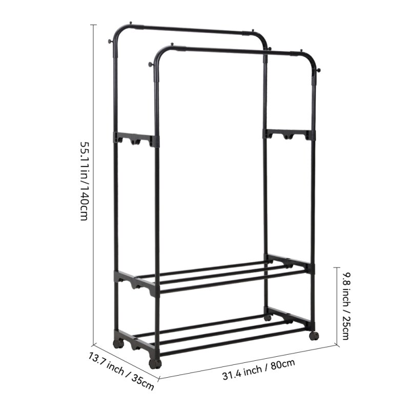 Living and Home Double Rod Metal Clothes Rack, Freestanding Clothing Rail