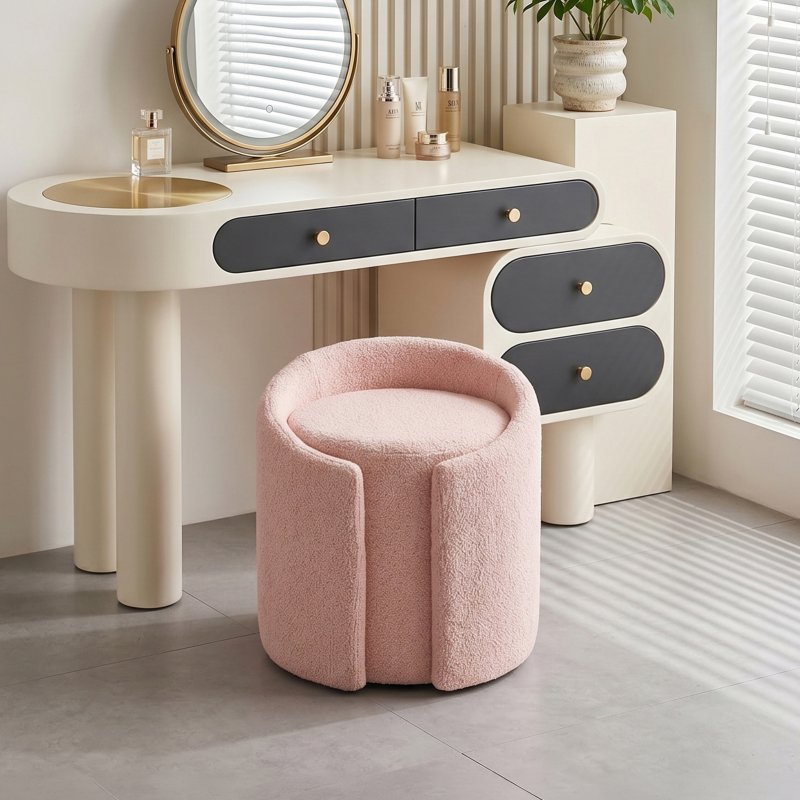 Living and Home Light Pink Teddy Fleece Round Curved Back Vanity Stool