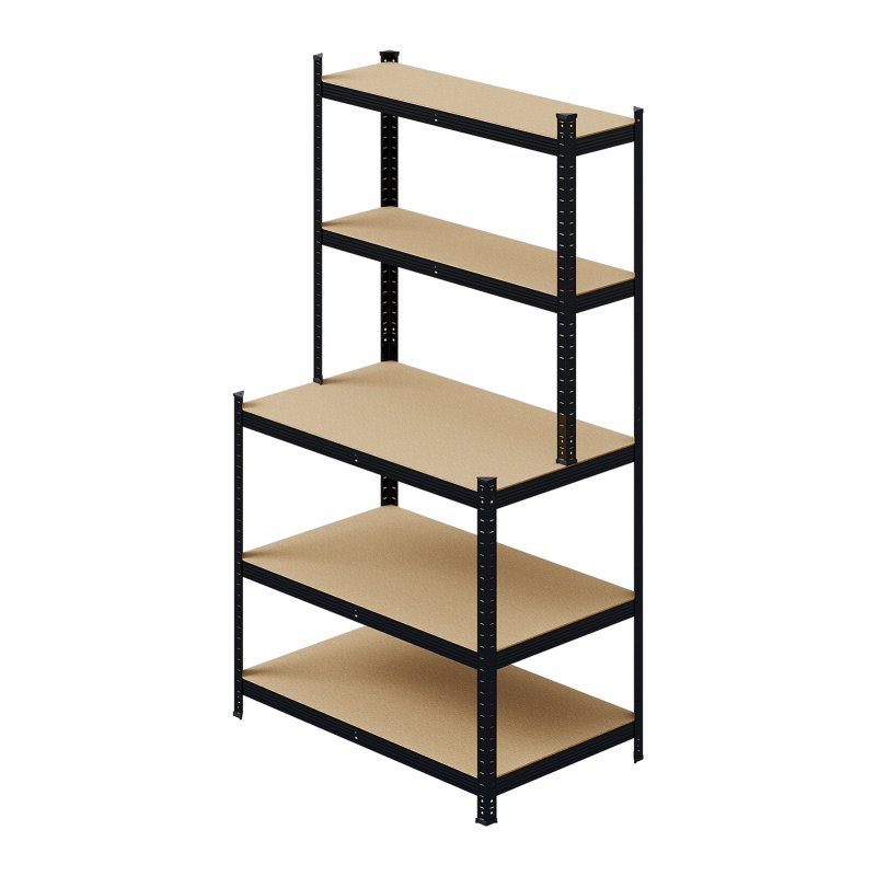 Living and Home 5-Tier Black Galvanized Steel Storage Shelving Unit, Adjustable Heavy Duty Garage Rack with 33mm Boards, 175KG Per Layer Load Capacity