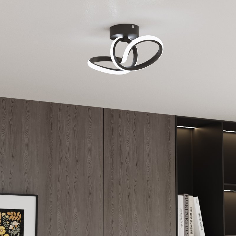 Living and Home 28cm Black Abstract Twisted Loop LED Ceiling Light, 20W 6500K Cool White Flush Mount Hallway Lamp Made of Aluminum & Silicone