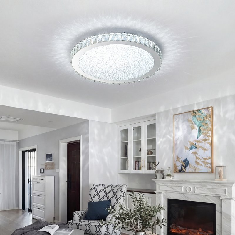 Living and Home 40cm Round Chrome LED Crystal Flush Mount Ceiling Light, 24W Dimmable 3 Color Changing Crystal Ceiling Lamp with Remote Control