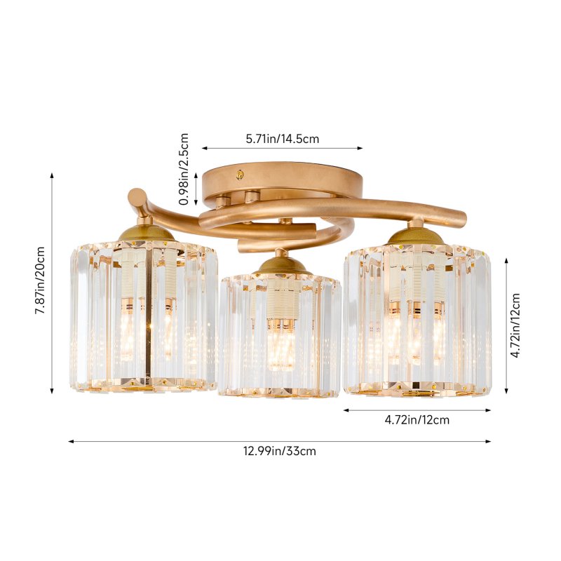 Living and Home 3-Light Gold Flush Mount Ceiling Light, Metal Frame Vertical Crystal Glass Shade Ceiling Lamp, E27 Socket Ceiling Fixture (Bulbs Not Included)