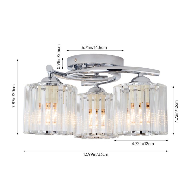 Living and Home 3-Light Silvery Flush Mount Ceiling Light, Metal Frame Vertical Crystal Glass Shade Ceiling Lamp, E27 Socket Ceiling Fixture (Bulbs Not Included)