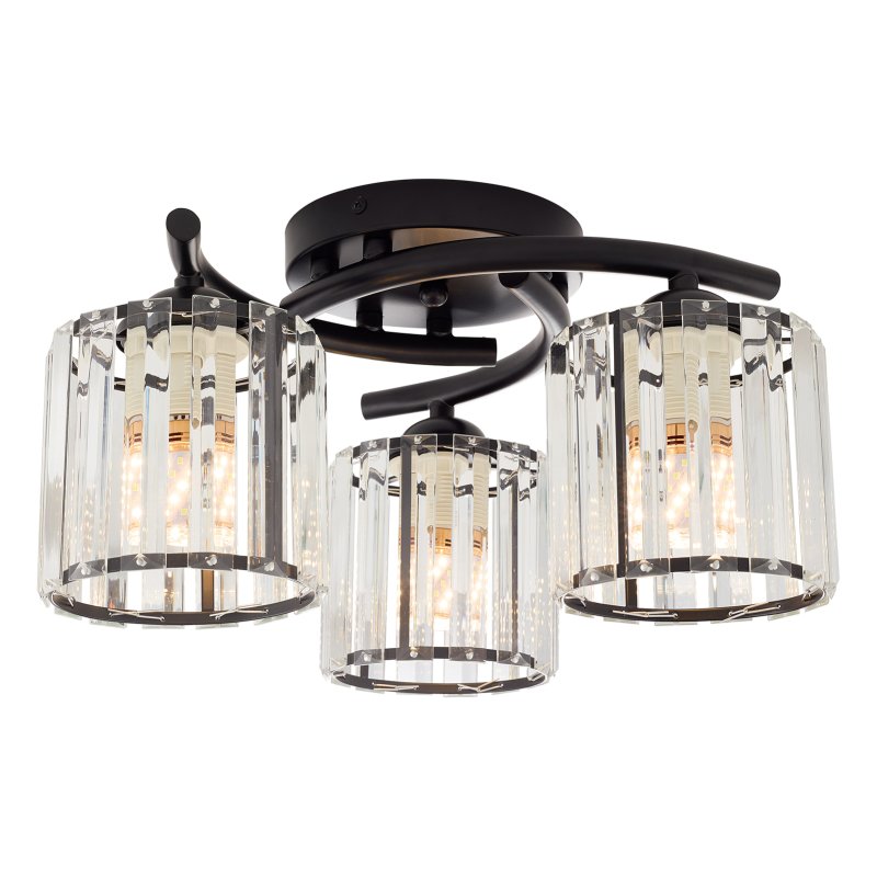 Living and Home 3-Light Black Flush Mount Ceiling Light, Metal Frame Vertical Crystal Glass Shade Ceiling Lamp, E27 Socket Ceiling Fixture (Bulbs Not Included)