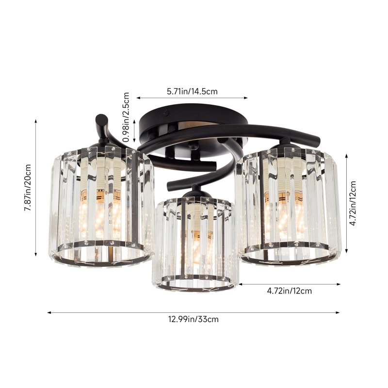 Living and Home 3-Light Black Flush Mount Ceiling Light, Metal Frame Vertical Crystal Glass Shade Ceiling Lamp, E27 Socket Ceiling Fixture (Bulbs Not Included)
