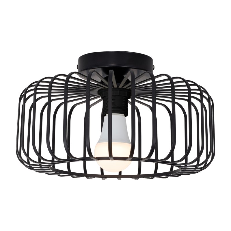 Living and Home Black Metal Wire Cage Flush Mount Ceiling Light, E27 Single Lamp Holder Industrial Ceiling Lamp with 3 Color LED Bulb, Wall Controlled Lighting Fixture