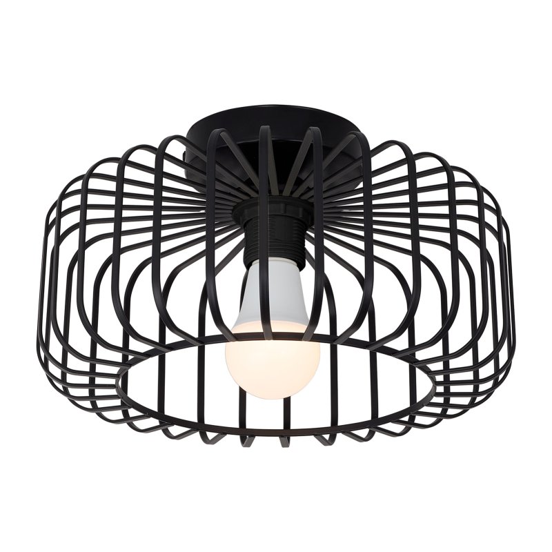 Living and Home Black Metal Wire Cage Flush Mount Ceiling Light, E27 Single Lamp Holder Industrial Ceiling Lamp with 3 Color LED Bulb, Wall Controlled Lighting Fixture
