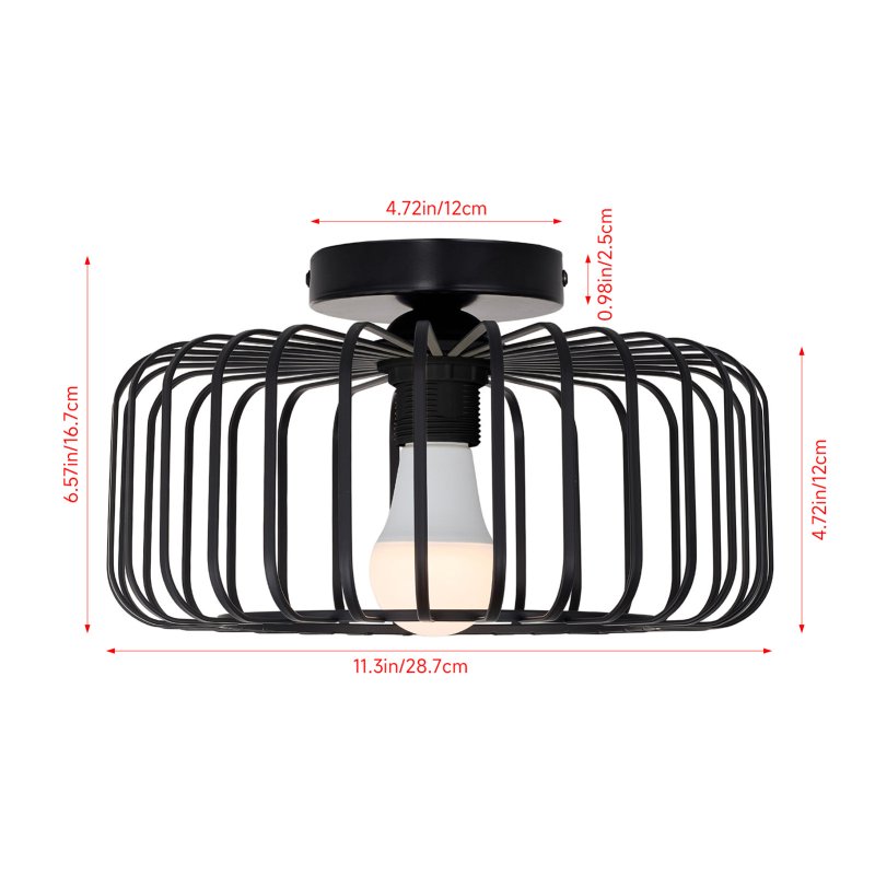 Living and Home Black Metal Wire Cage Flush Mount Ceiling Light, E27 Single Lamp Holder Industrial Ceiling Lamp with 3 Color LED Bulb, Wall Controlled Lighting Fixture