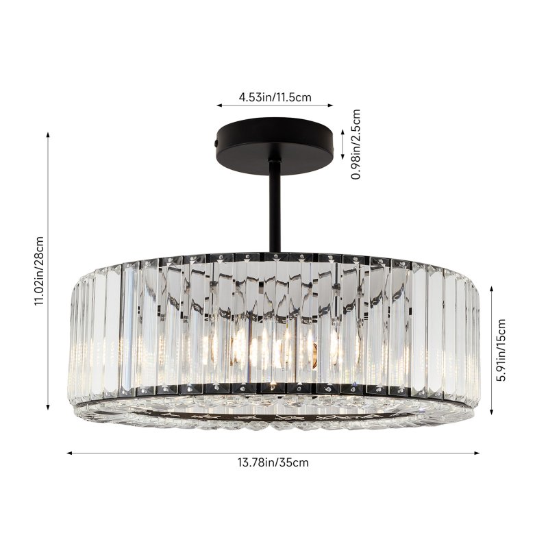 Living and Home 35cm Round Black 3-Light Crystal Flush Mount Ceiling Light, Metal Frame Vertical Crystal Ceiling Lamp with E27 Sockets, Max 40W Per Bulb, Bulbs Not Included
