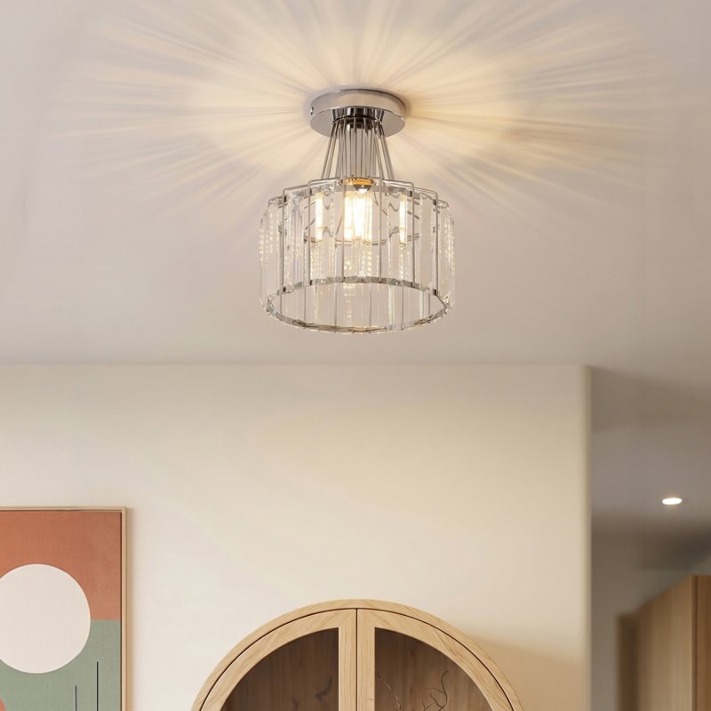 Living and Home 19cm Chrome Cylinder Crystal Flush Mount Ceiling Light, E27 Single Lamp Holder Metal Frame Corridor Ceiling Lamp (Bulbs Not Included)