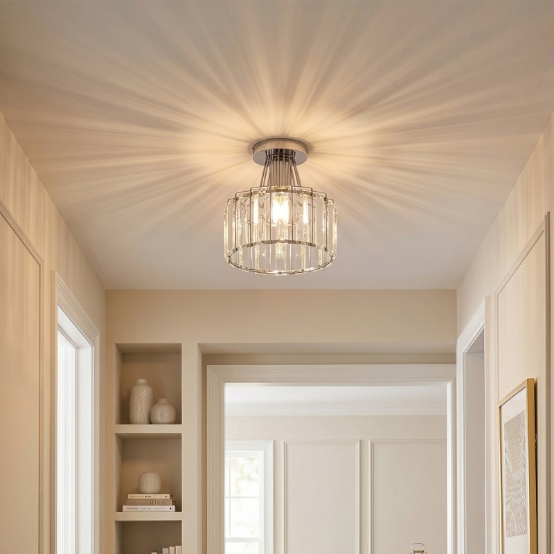 Living and Home 19cm Chrome Cylinder Crystal Flush Mount Ceiling Light, E27 Single Lamp Holder Metal Frame Corridor Ceiling Lamp (Bulbs Not Included)