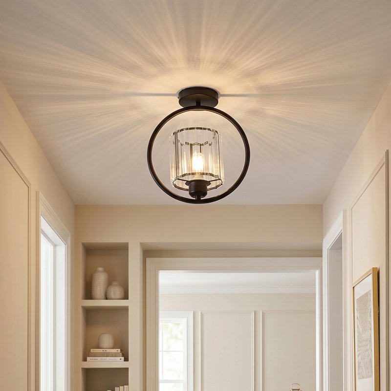Living and Home Black Round Ring Semi Flush Mount Ceiling Light, Vertical Crystal Shade E27 Single Bulb Hallway Ceiling Lamp (Bulbs Not Included)