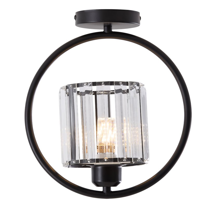 Living and Home Black Round Ring Semi Flush Mount Ceiling Light, Vertical Crystal Shade E27 Single Bulb Hallway Ceiling Lamp (Bulbs Not Included)